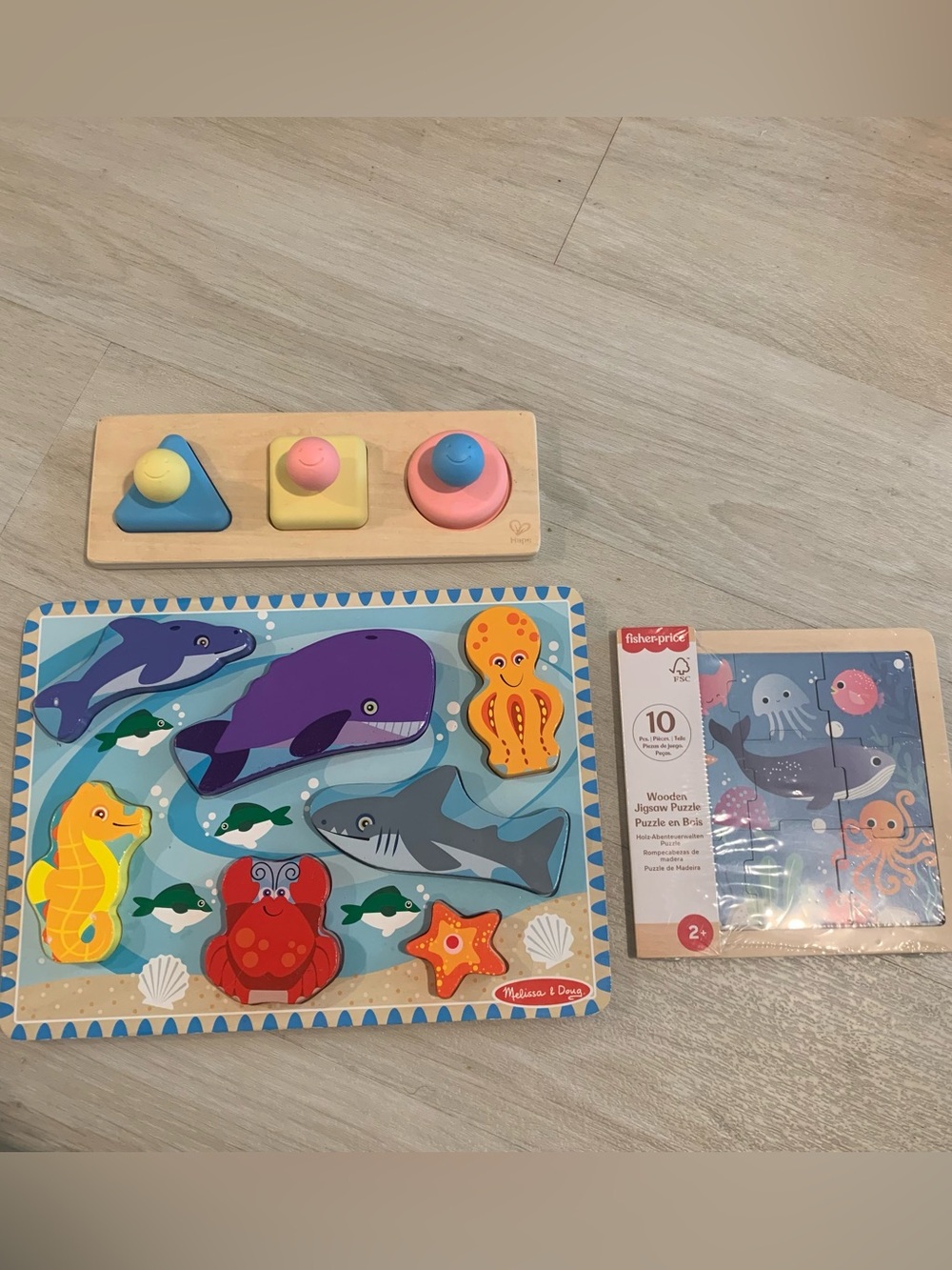 3 puzzles Melissa & Doug Ocean Animal Wooden Puzzles & Shape Sorter